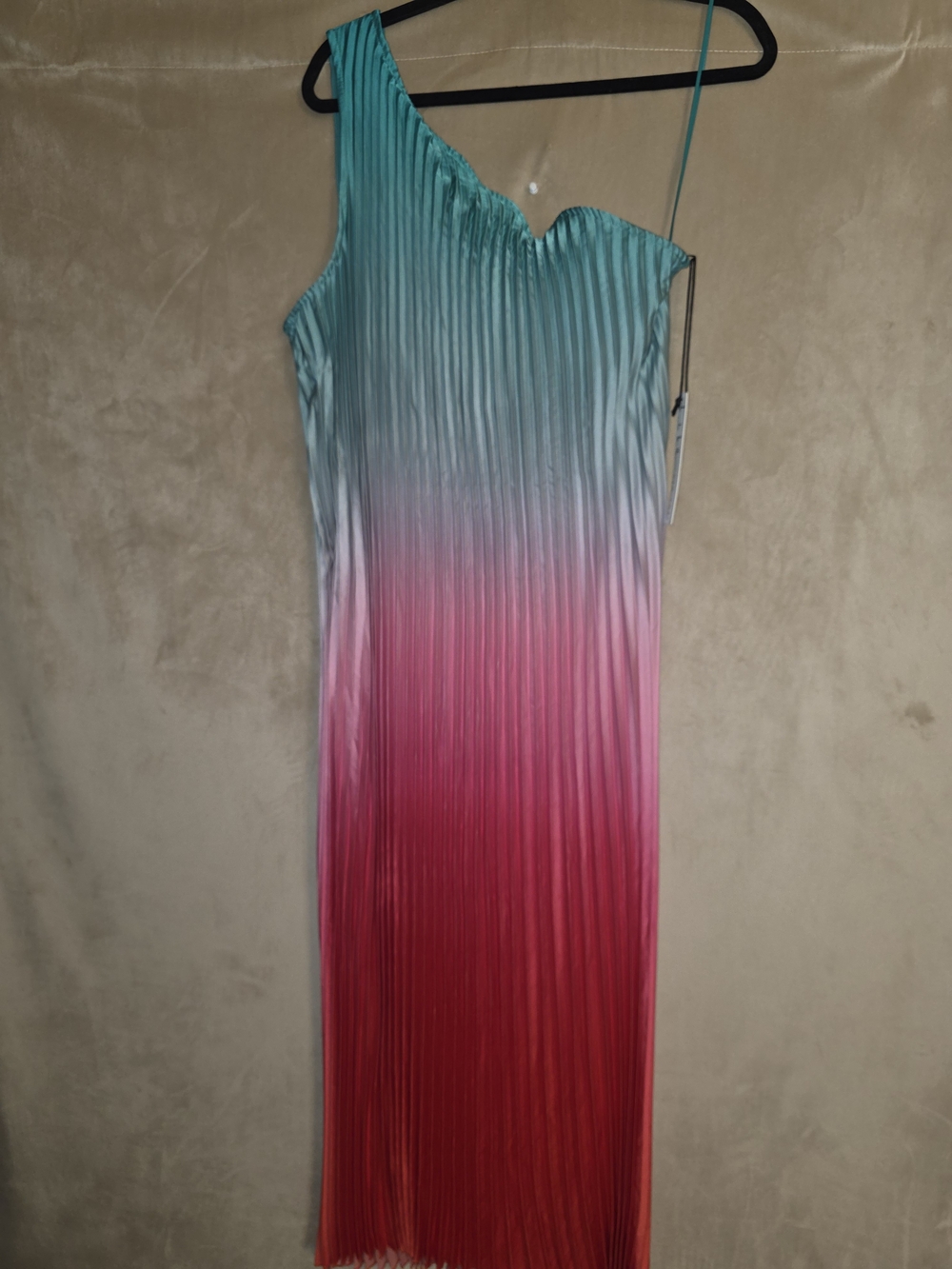 Nicole Miller Teal to Pink Ombre Pleated Midi Dress